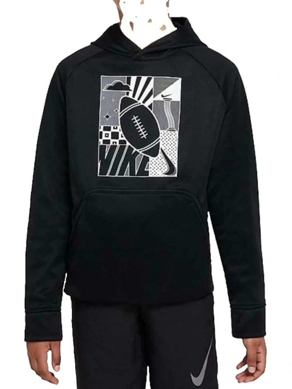 NEW NIKE Therma-FIT BLK Fleece Lined Logo Training Pullover Hoodie BIG BOY SMALL